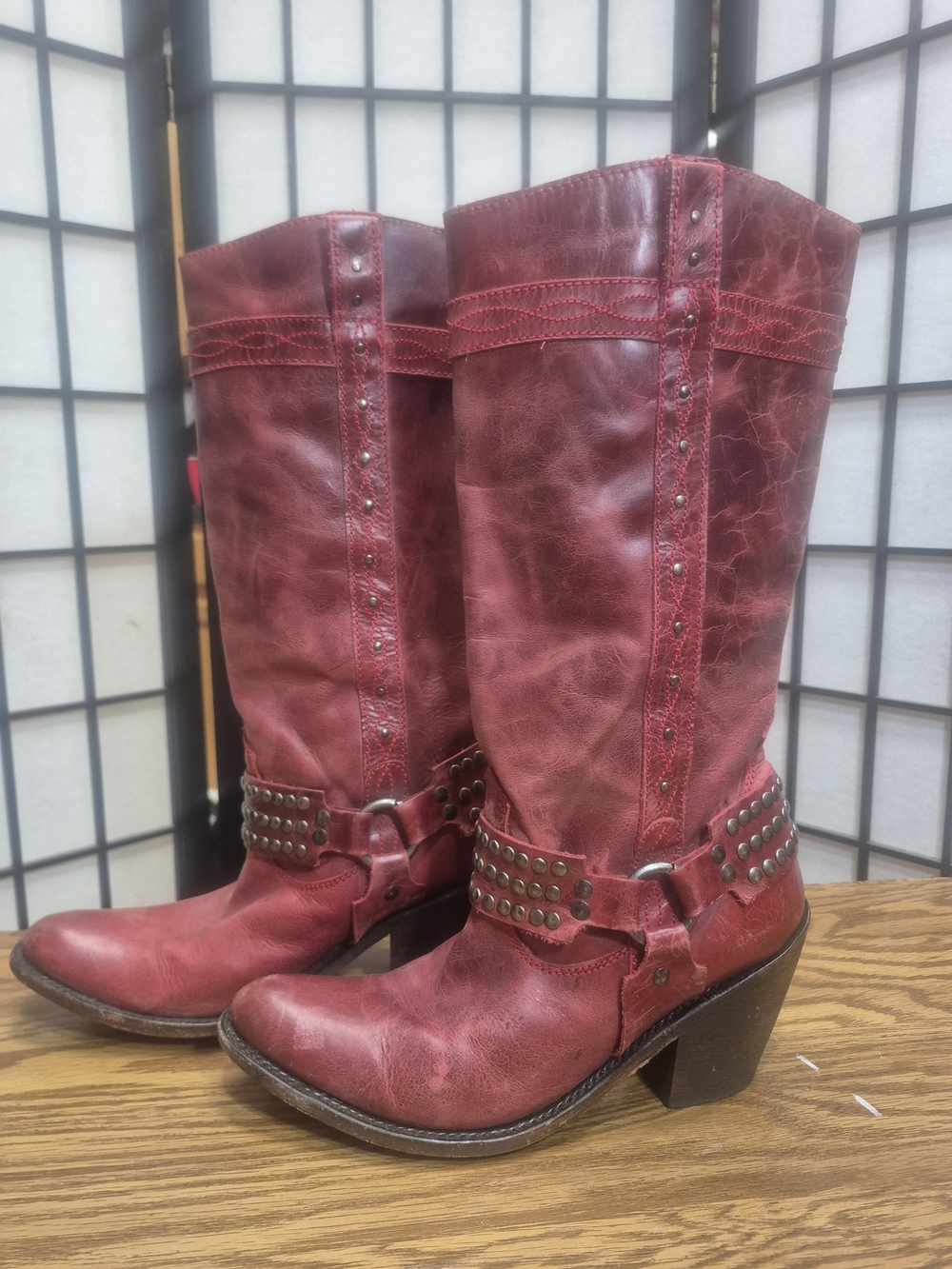 Caborca Women’s Red Leather Studded Western Mid-Calf Heeled Boots
